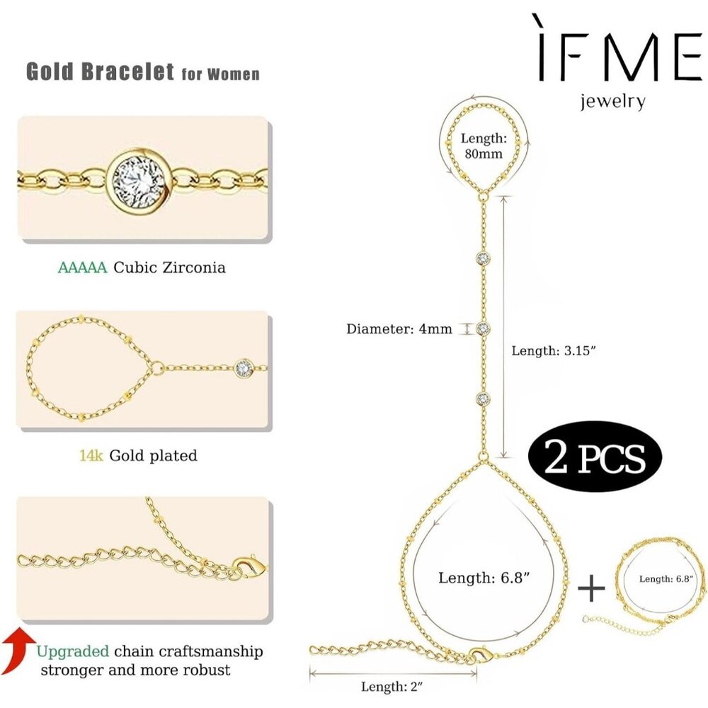 Hand Chain Bracelet Ring Hand Chain 2 PCS 14K Dainty Finger Jewelry - Picture 6 of 9